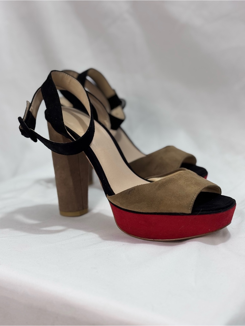 Zara Suede Colorblock Platform Heels in Tan, Black & Red